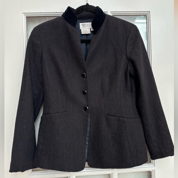 Vintage W by Worth Black Wool Blazer Velvet Trim Timeless Classic Size 8P Petite - Picture 1 of 10